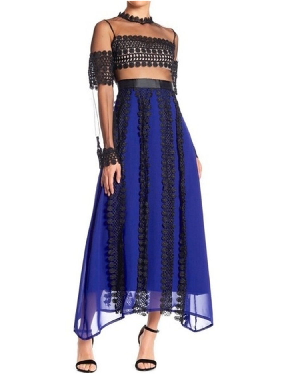 Like new (Few Moda) Black & Blur Crochet Sheer Long Sleeve Maxi Dress